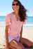 Blush Pink Ice Cream Embroidered Linen Blend V-Neck Short Ruffle Sleeve Knit Top