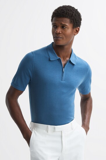 Buy Reiss Marine Blue Maxwell Merino Wool Half-Zip Polo Shirt from the ...