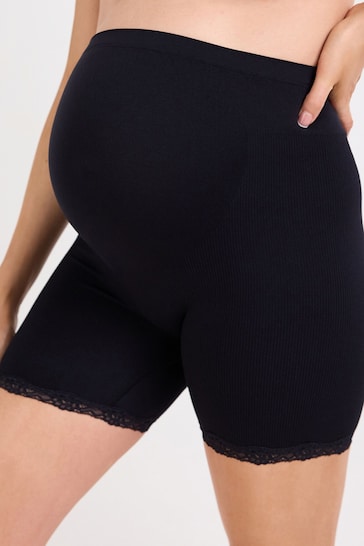 Black Seamfree Lace Trim Maternity Shorts