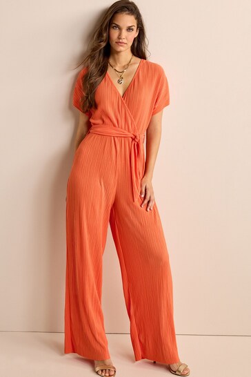 Orange Short Sleeve Plissé Jumpsuit