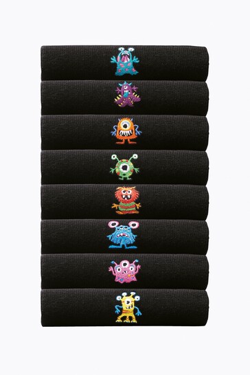 Black Bright Monster Fun Black Embroidered Socks 8 Pack