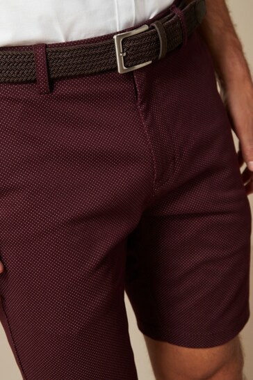Burgundy Print Belted Chino Shorts with Stretch