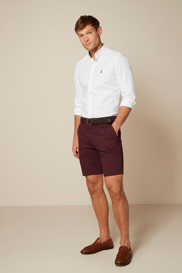 Burgundy Print Belted Chino Shorts with Stretch