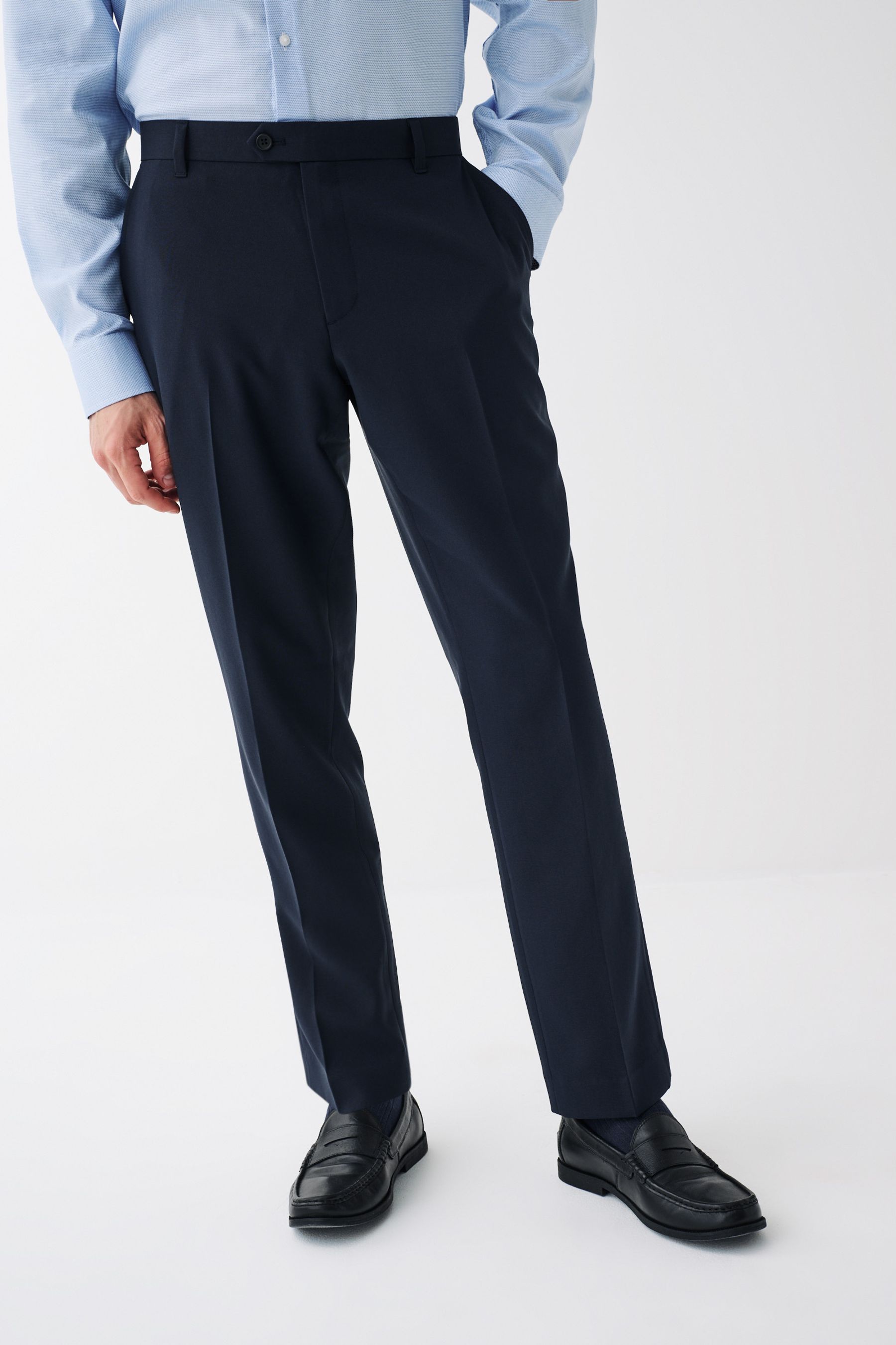 Buy Navy Blue Tailored Machine Washable Plain Front Smart Trousers from ...