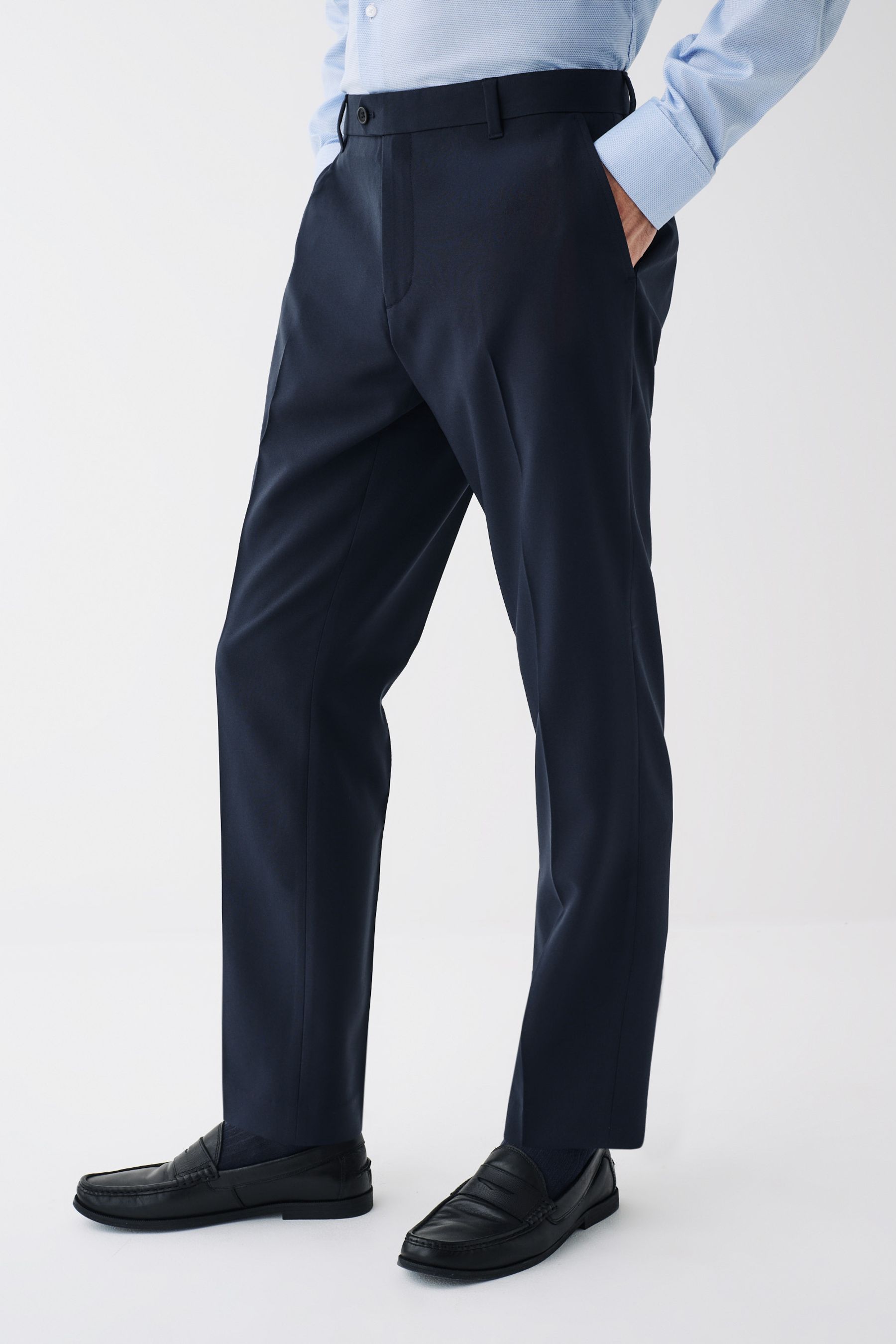 Buy Navy Blue Tailored Machine Washable Plain Front Smart Trousers from ...