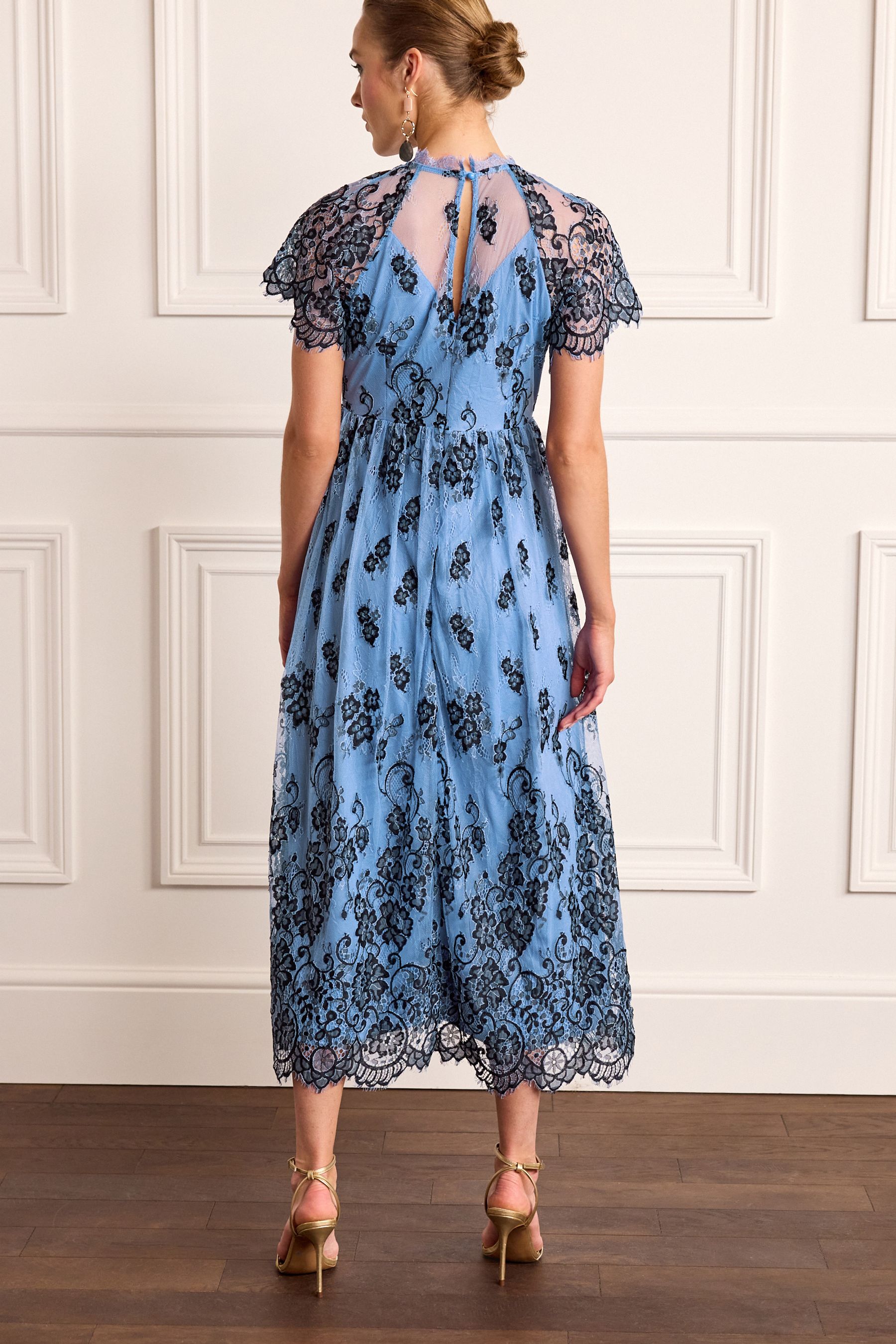 Buy Floral Lace High Neck Short Sleeve Midi Dress from Next Luxembourg