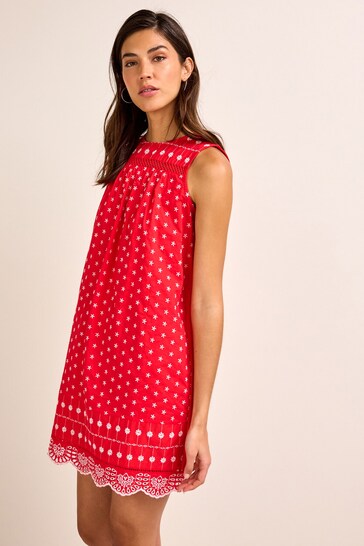 Red/White Sleeveless Broderie Mini Dress