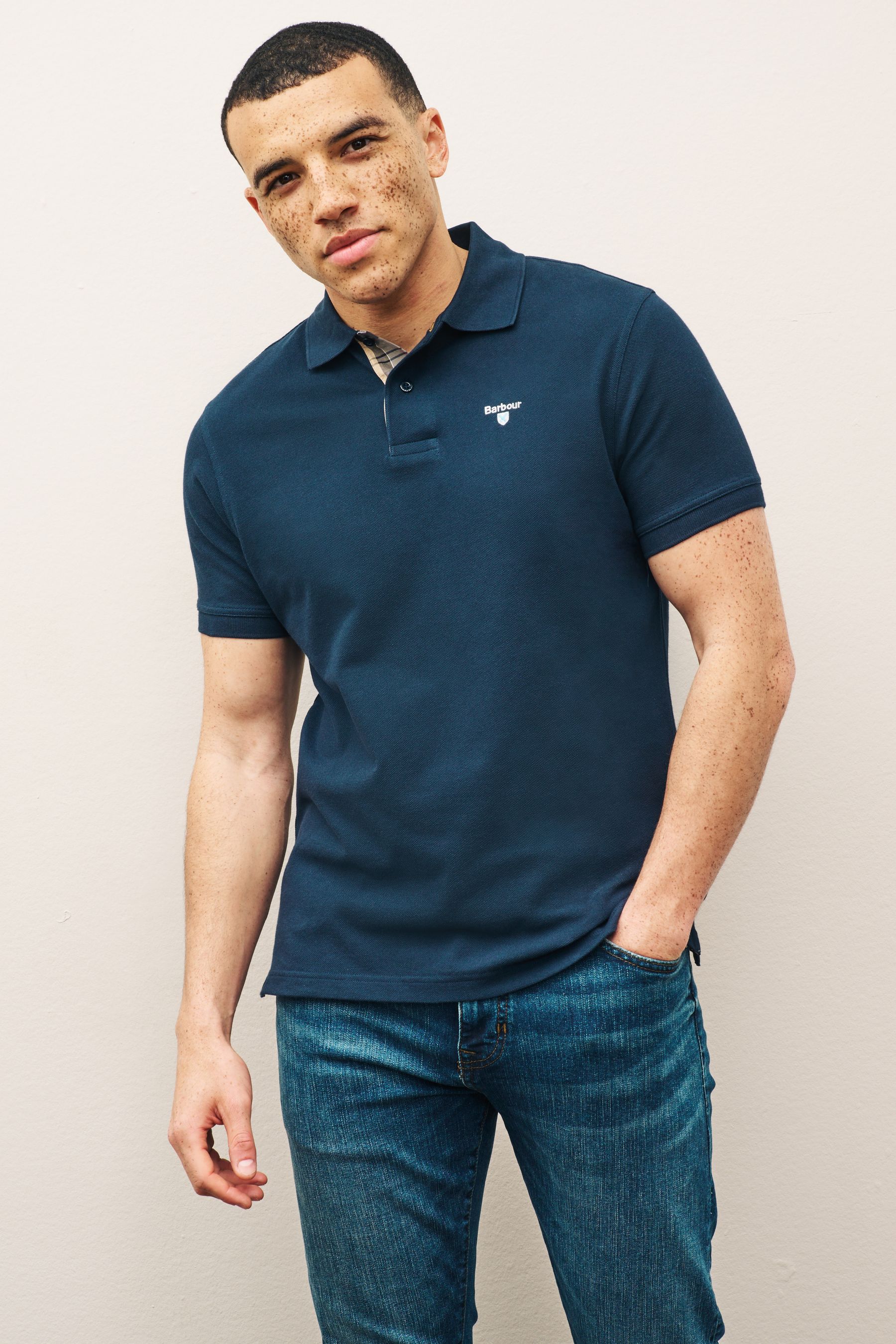 Navy barbour polo shirt shop