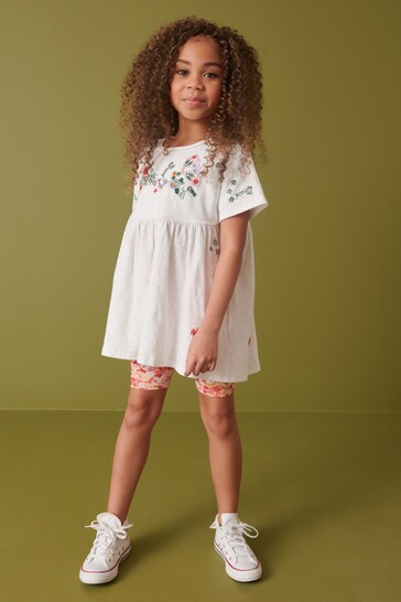 Ecru Embroidered Floral Oversized T-Shirt and Cycling Shorts Set (3-16yrs)