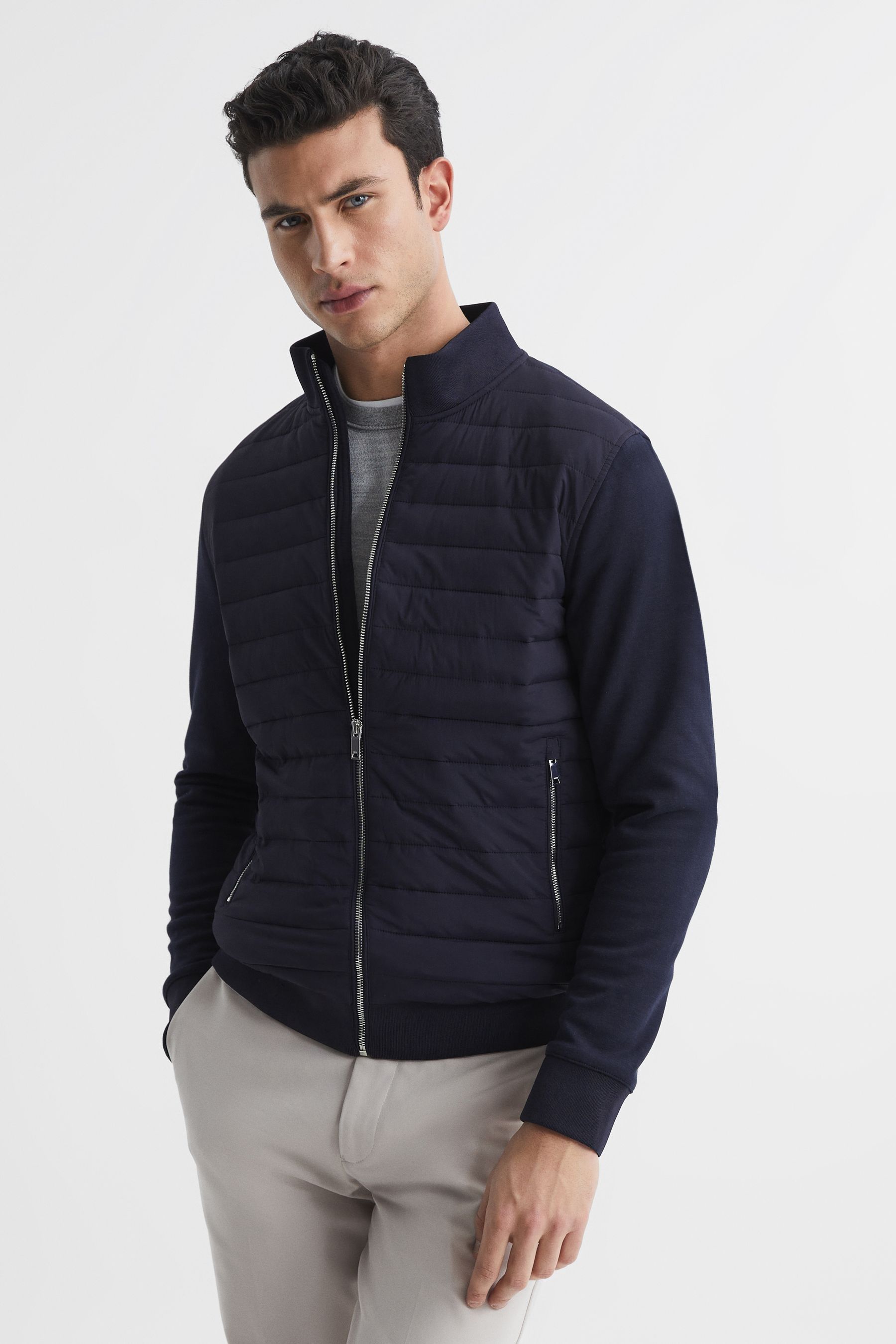 Buy Reiss Navy Flintoff Hybrid Quilt and Knit Zip Through Jacket