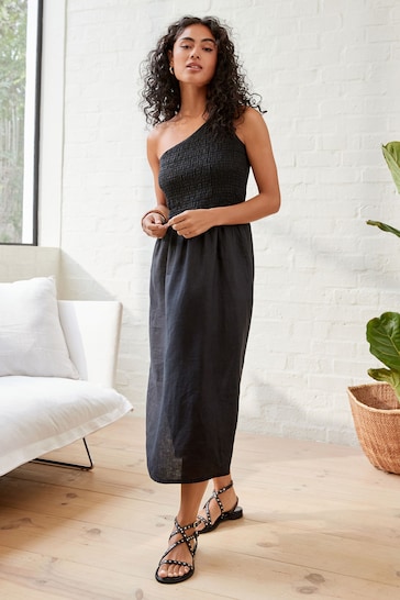 Buy Black 100% Linen One Shoulder Midi Summer Dress from the Next UK online shop