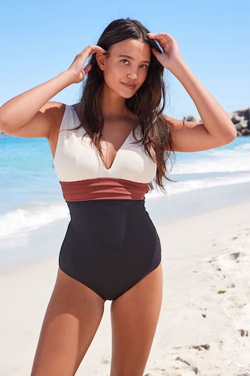 Cream/Brown Plunge Tummy Shaping Control Swimsuit