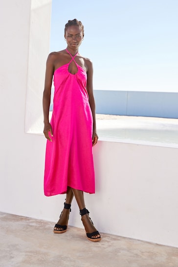 Pink 100% Linen Ruched Halter Midi Dress