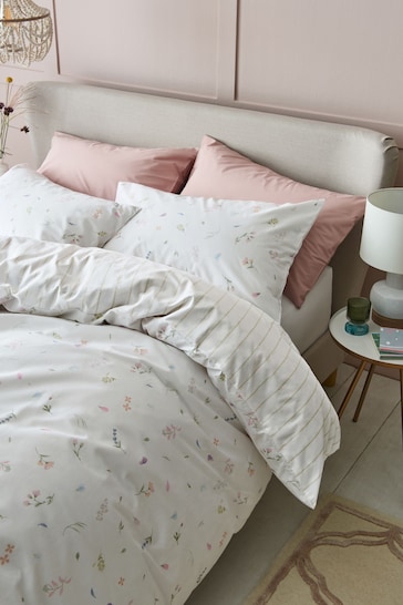 Buy White Floral 100% Cotton Reversible Watercolour Floral & Stripe Bedset and Pillowcase Set from the Next UK online shop
