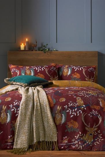 furn. Red Forest Fauna Printed Woodland Reversible Duvet Cover And Pillowcase Set
