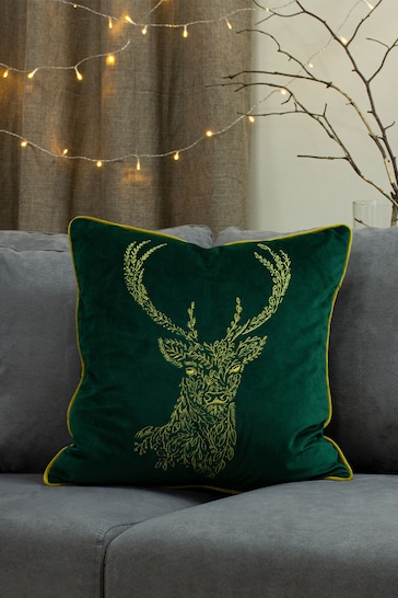 furn. Emerald Green/Gold Forest Fauna Embroidered Polyester Filled Cushion