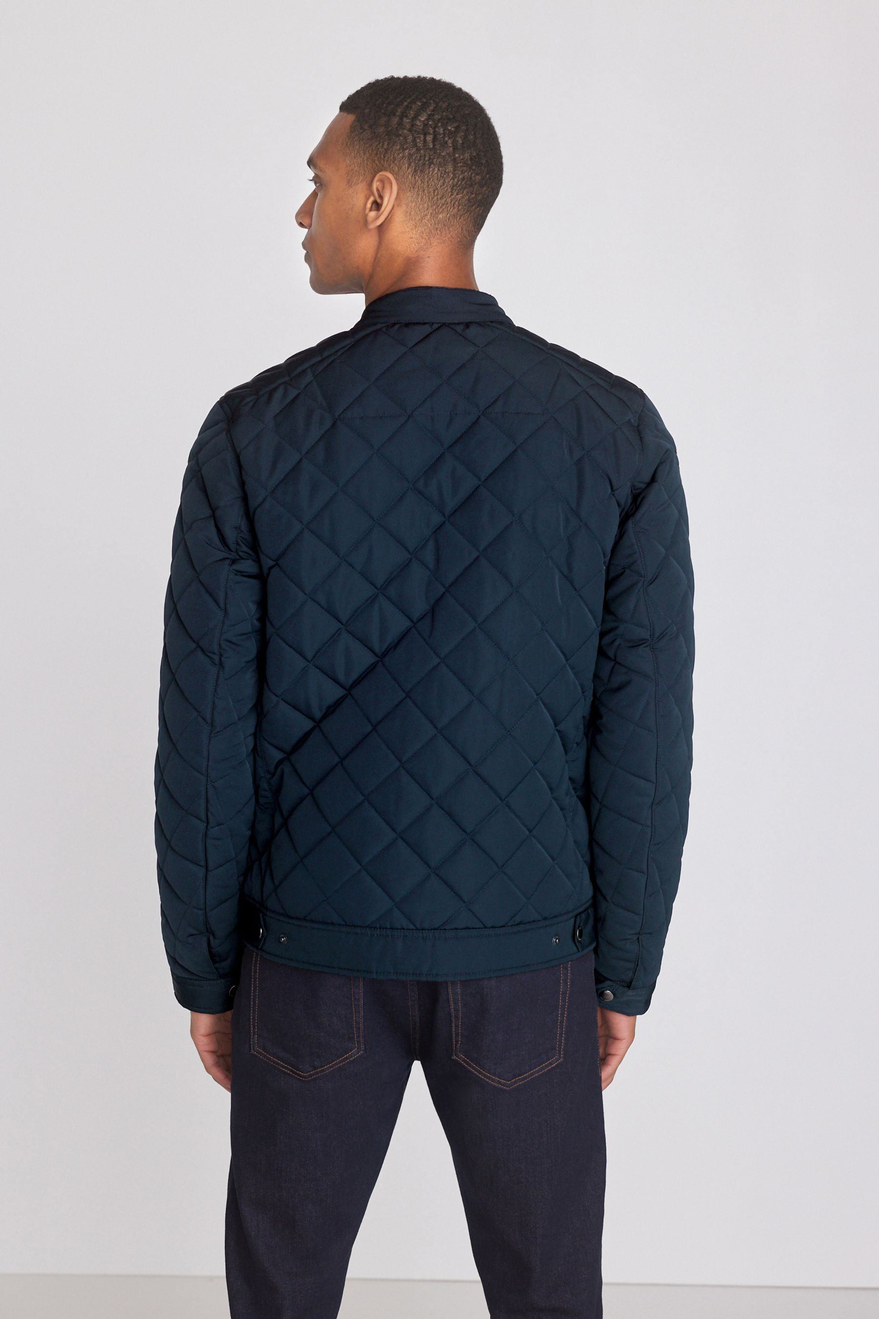 Buy Navy Blue Shower Resistant Diamond Quilt Racer Neck Jacket from the ...