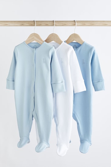 Blue/White 3 Pack Cotton Baby Sleepsuits (0-2yrs)