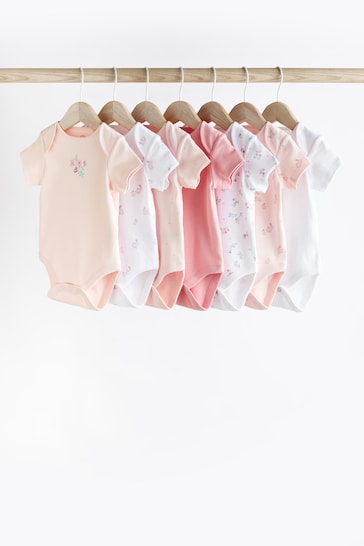 Pink/White Bunny 7 Pack Baby Short Sleeve Bodysuits