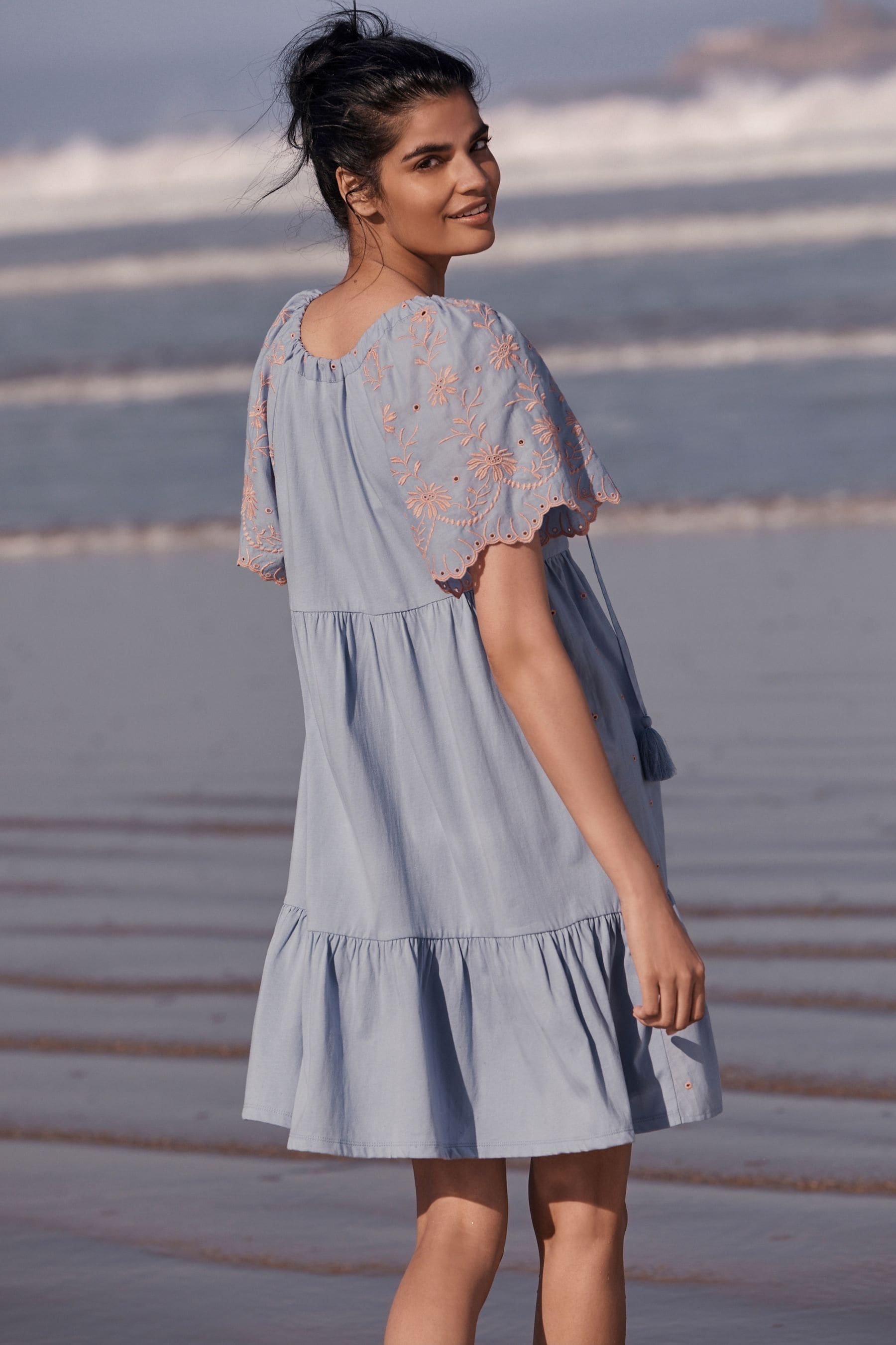 Buy Blue Embroidered Short Sleeve Woven Mix Kaftan Mini Dress From Next