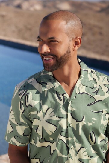 Green Floral Print Cuban Collar Short Sleeve Shirt