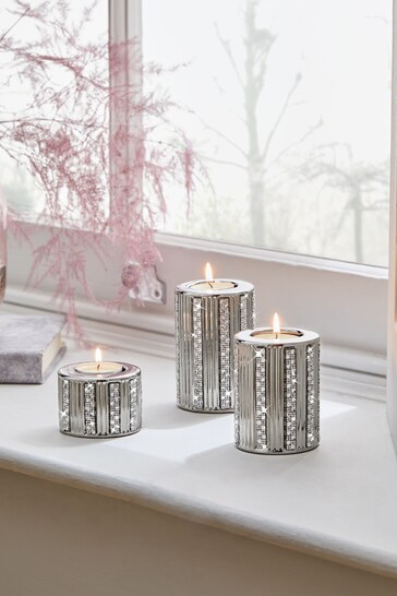 Set of 3 Silver Diamanté Tealight Candle Holders
