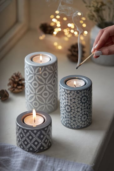 Set of 3 Grey Geo Tealight Candle Holders