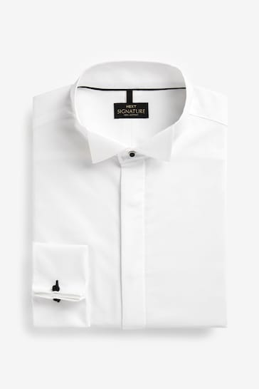 White Slim Fit Pleated Double Cuff Dress Shirt