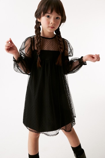 Black Shirred Mesh Dress (3-16yrs)