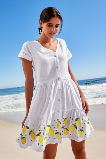 White Embroidered Linen Blend Tiered Mini Dress