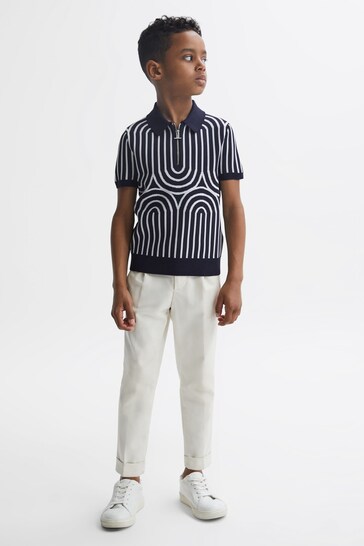 Reiss Navy/White Maycross Junior Half-Zip Striped Polo Vest T-Shirt