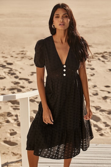 Lipsy Black Broderie V Neck Puff Sleeve Midi Summer Holiday Shop Dress