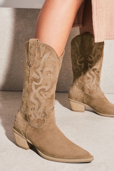 Lipsy Faux Suedette Camel Neutral Pull On Calf Pointed Western Heel Boot