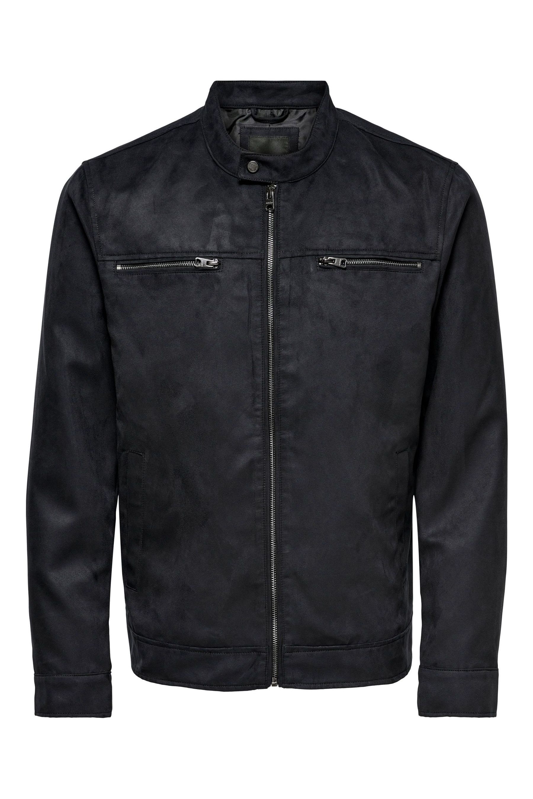 Buy Only & Sons Black Collarless Faux Suede Biker Jacket from the Next ...