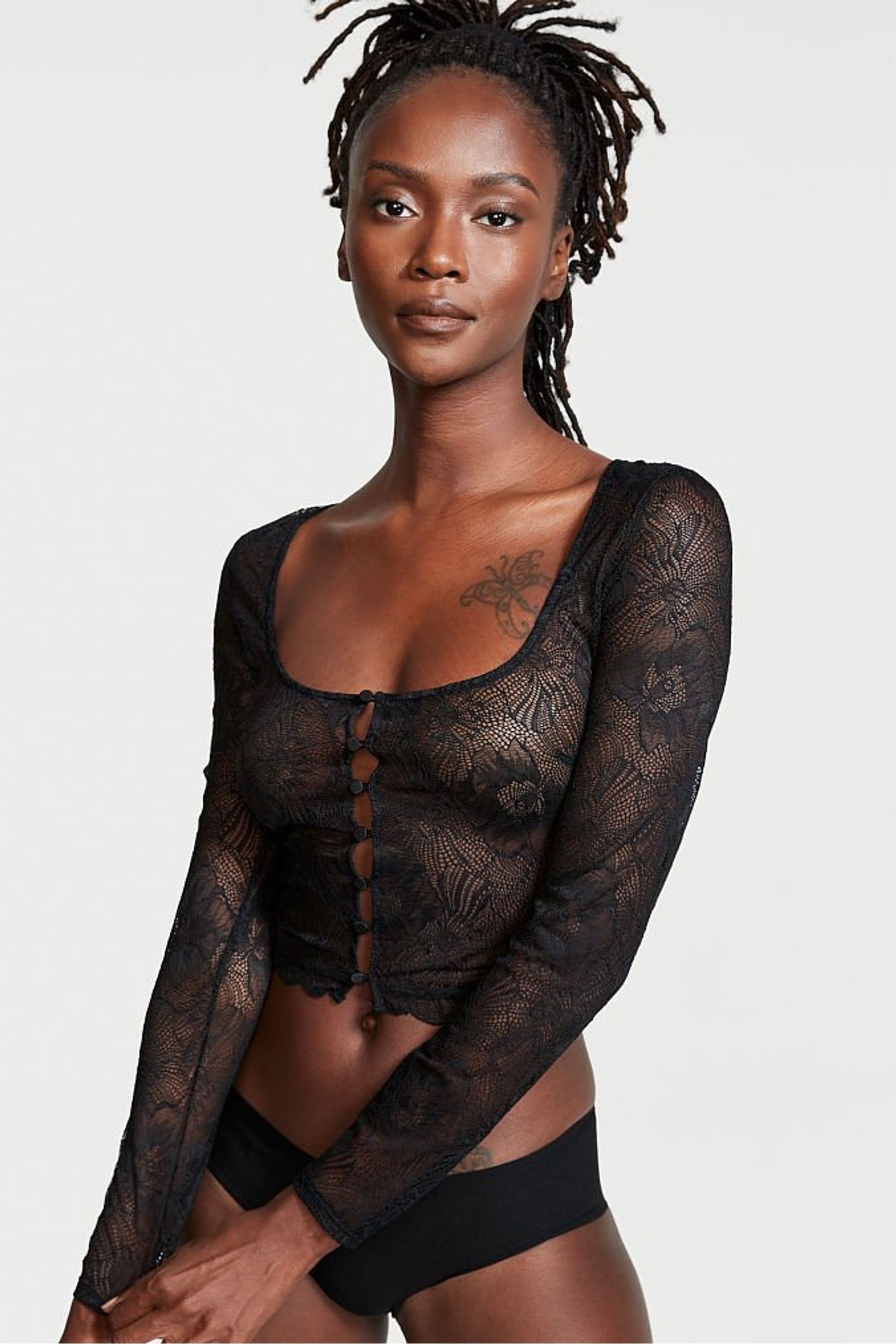Long sleeve stretch lace top victoria's secret on sale
