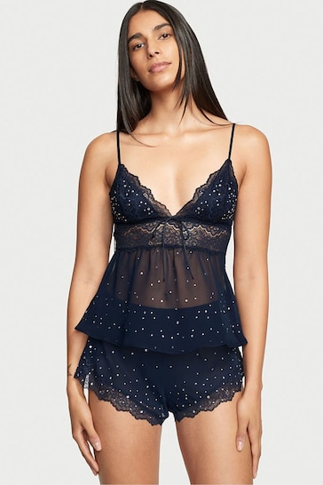 Buy Victoria's Secret Noir Navy Blue Stretch Lace Chiffon Cami Set with  Rhinestones from the Next UK online shop
