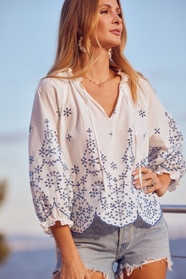 Friends Like These White 100% Cotton Broderie Tie Neck Puff Sleeve Top