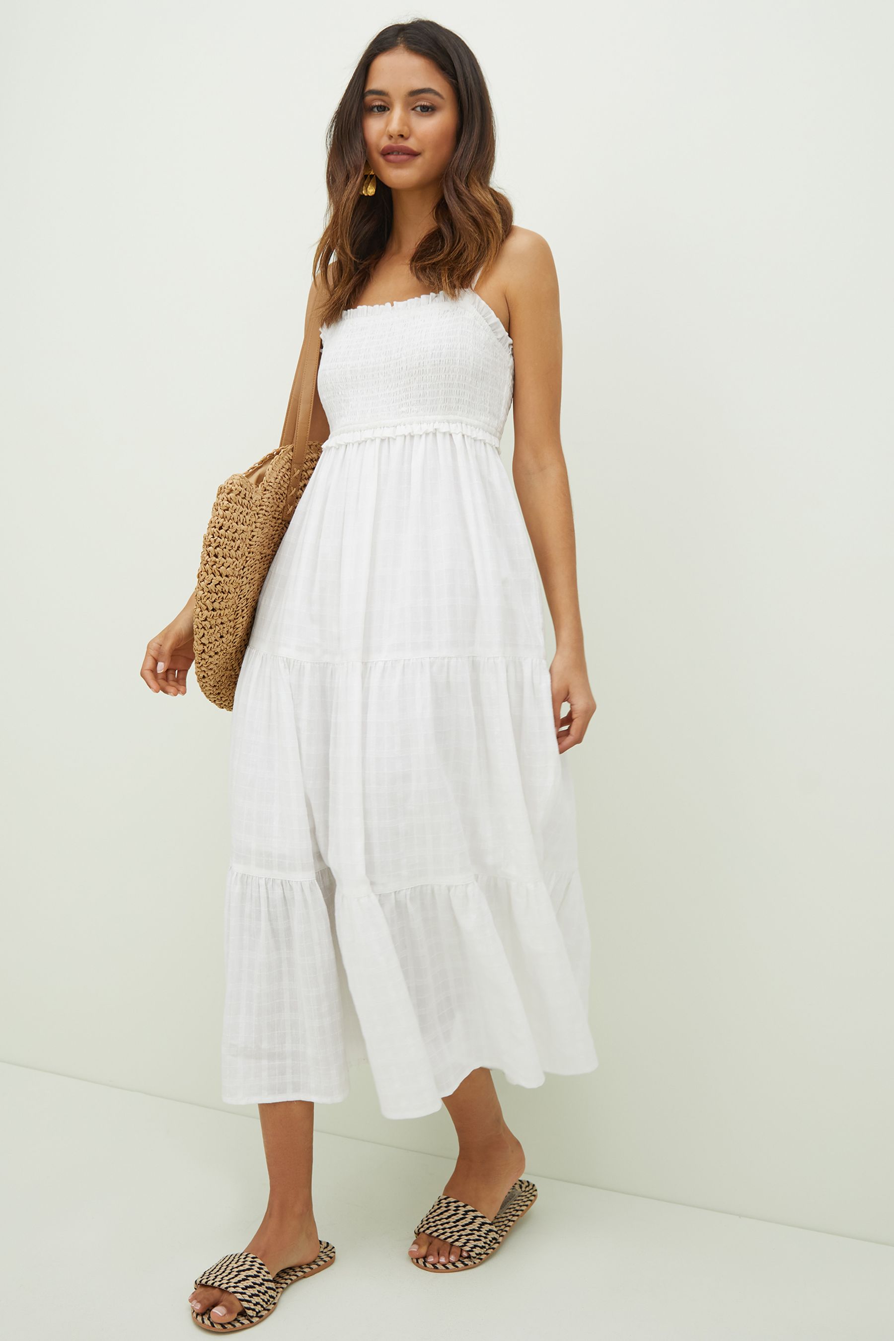 Friends Like These White Strappy Ruched Texture Tiered Midi Dress