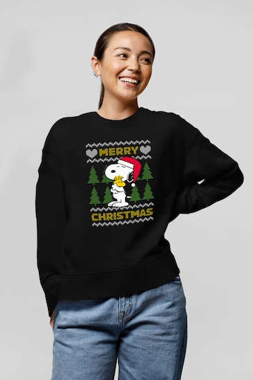 All + Every Black Peanuts Snoopy Hugs Merry Christmas Knit Pattern Women's Sweatshirt