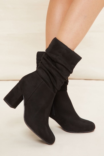 Friends Like These Black Regular Fit Block Heel Ruched Long Boots