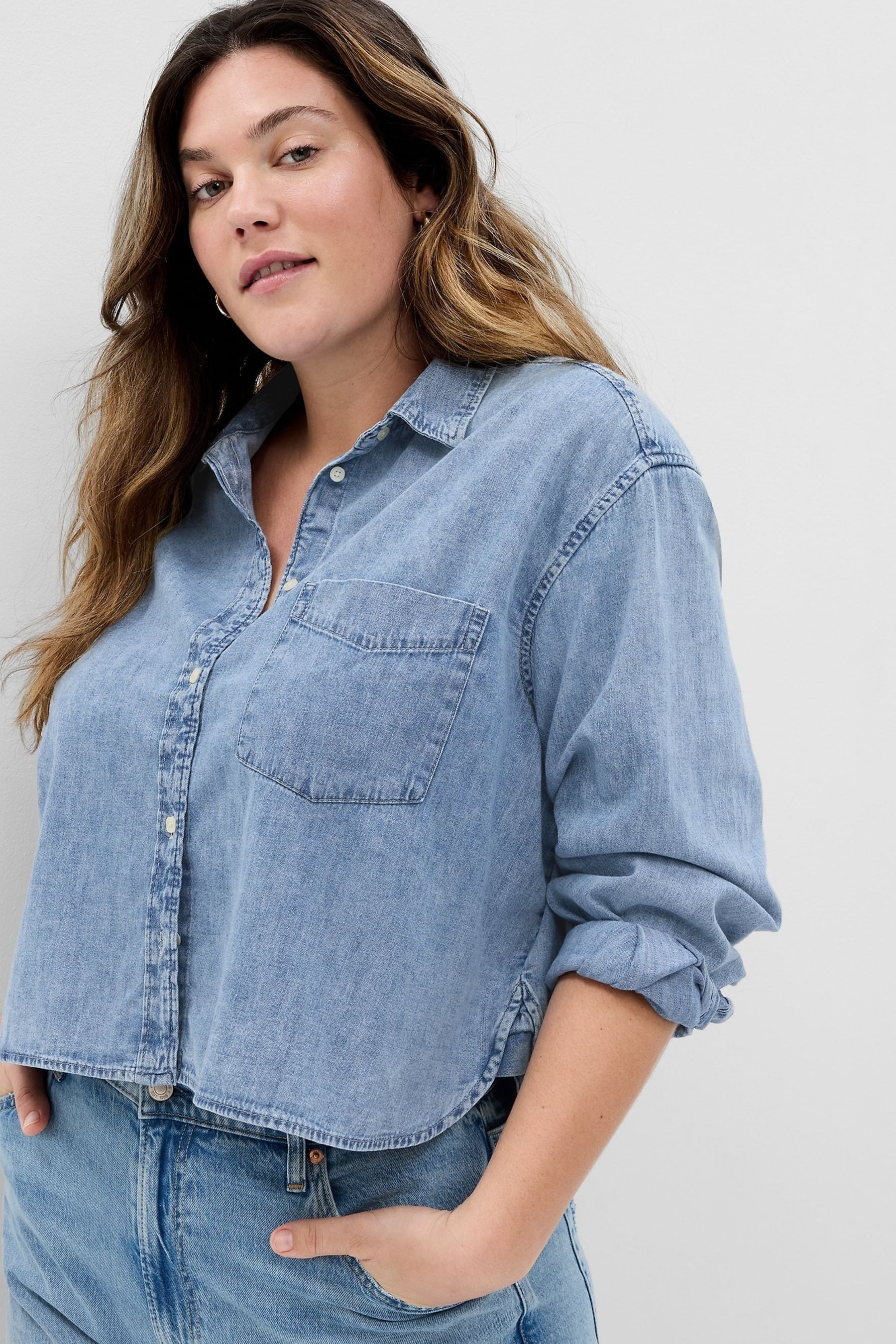 Buy Gap Blue Cropped Denim Long Sleeve Shirt from the Next UK