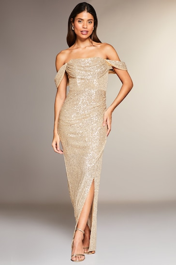 Lipsy Gold Sequin Bardot Split Drape Maxi Dress