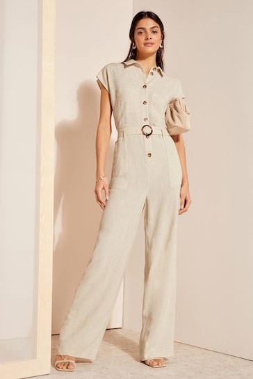 Friends Like These Cream Short Sleeve Button Through Tailored Jumpsuit with Linen