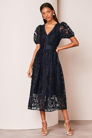 Lipsy Navy Blue Premium Lace Embroidered Puff Sleeve Belted Midi Dress