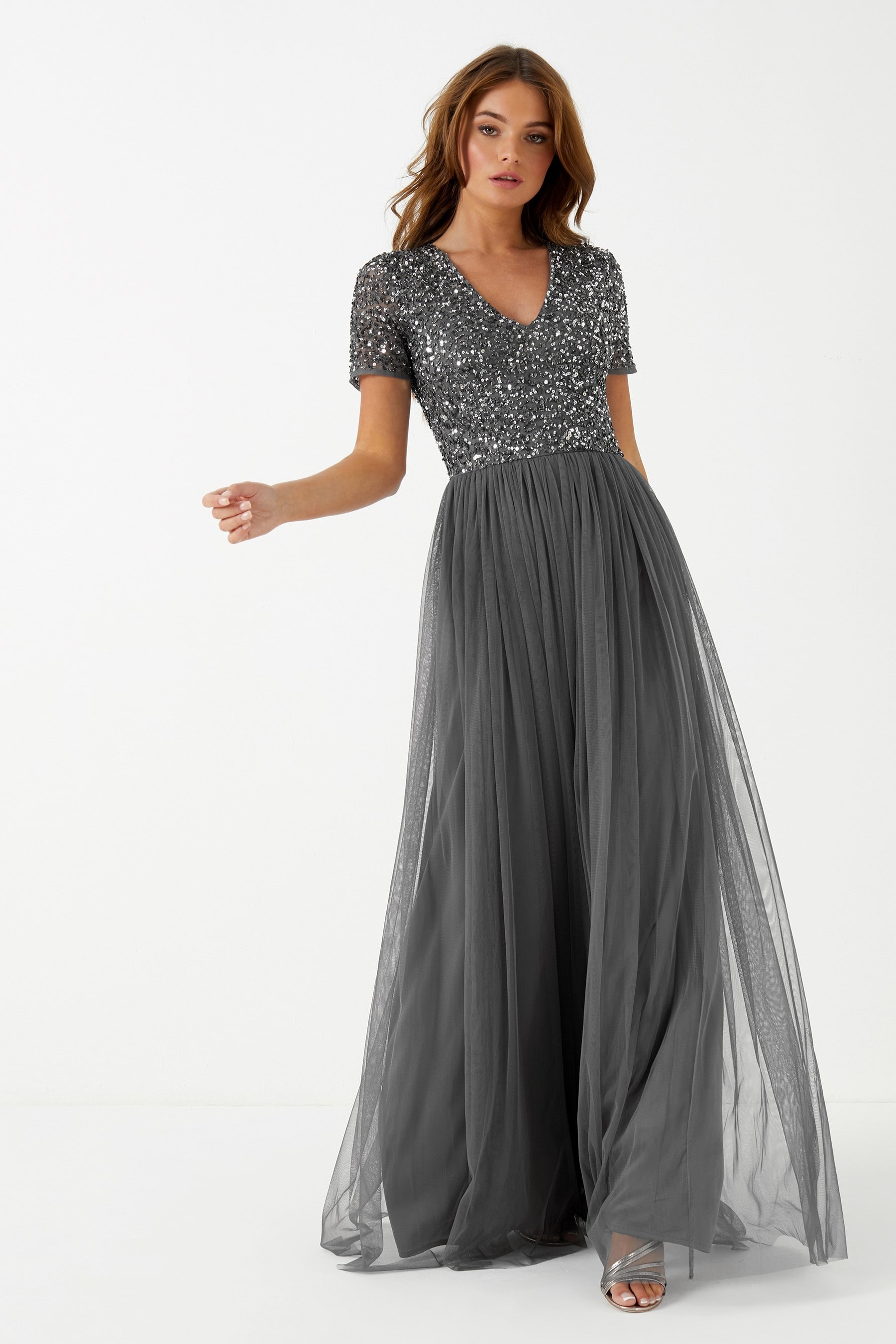 sequin v neck gown