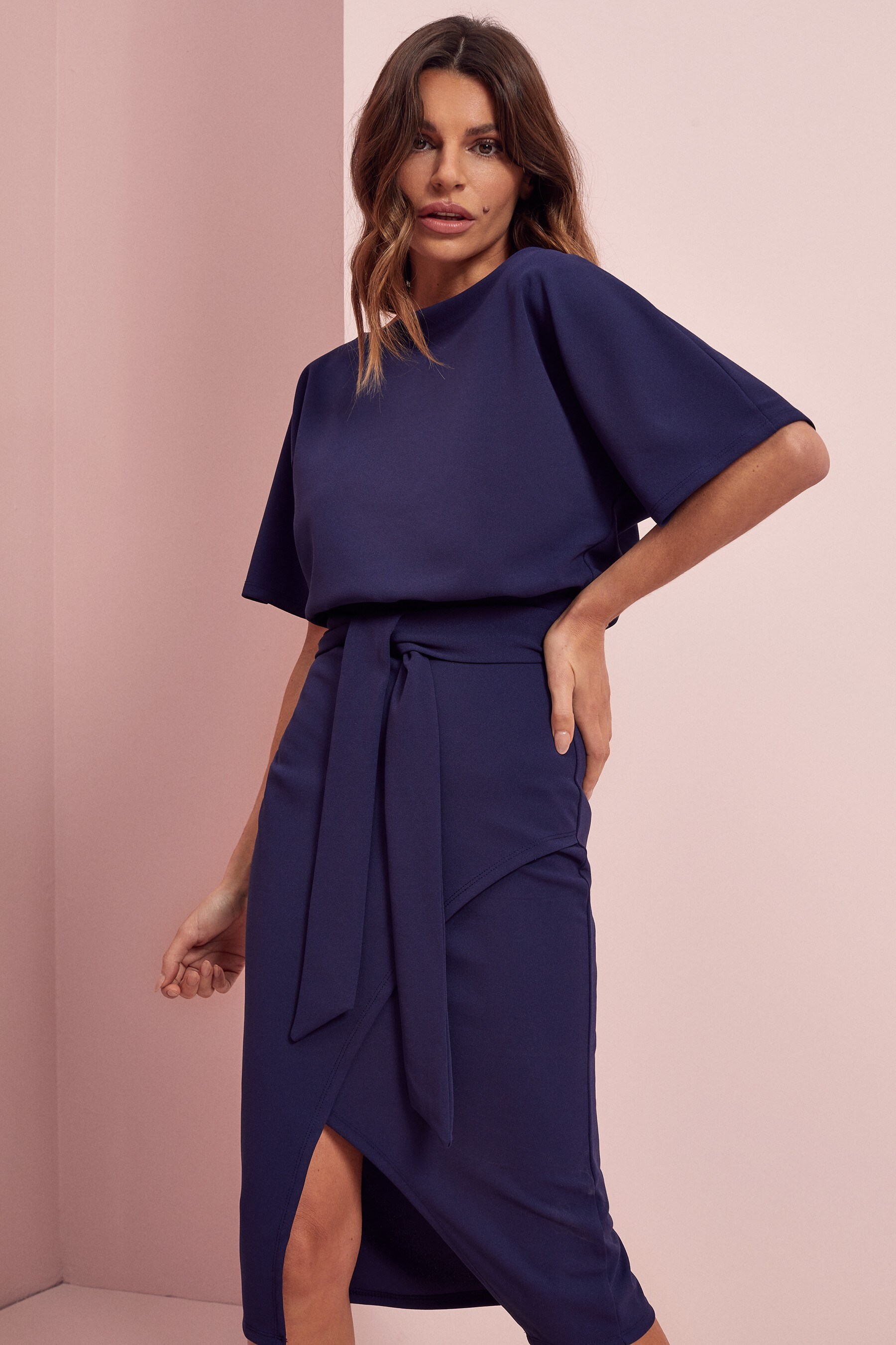 Navy batwing hotsell belted midi dress