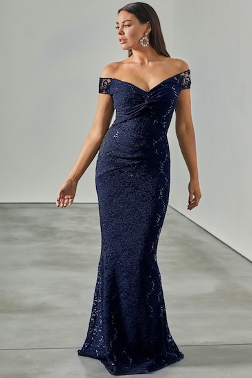 Sistaglam Navy Blue All Over Sequin Lace Bardot Maxi Dress